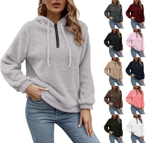 Quarter Zip Pullover Women Comfy Warm Sherpa Fleece Hooded Sweatshirts Ladies 1/4 Zip Winter Sweaters Outwear