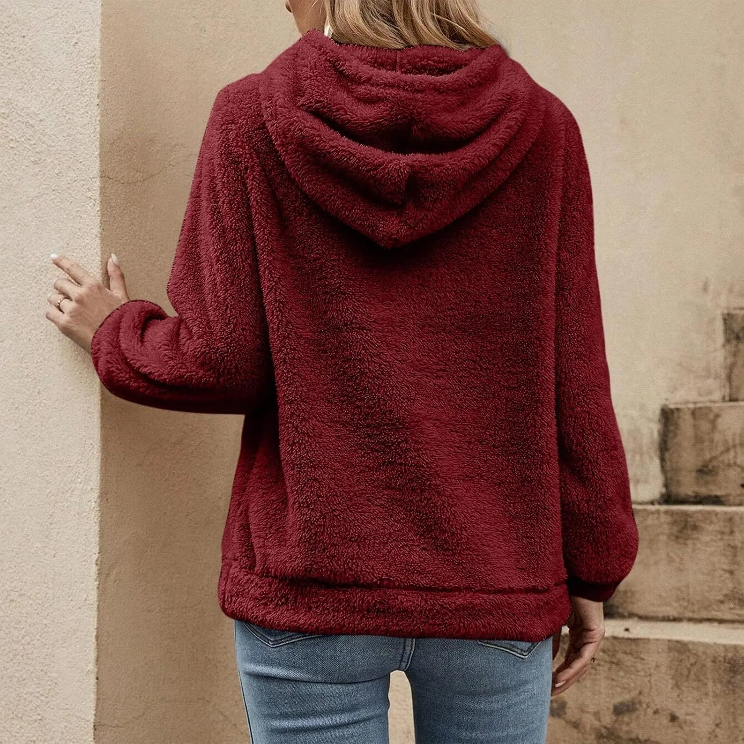 Quarter Zip Pullover Women Comfy Warm Sherpa Fleece Hooded Sweatshirts Ladies 1/4 Zip Winter Sweaters Outwear
