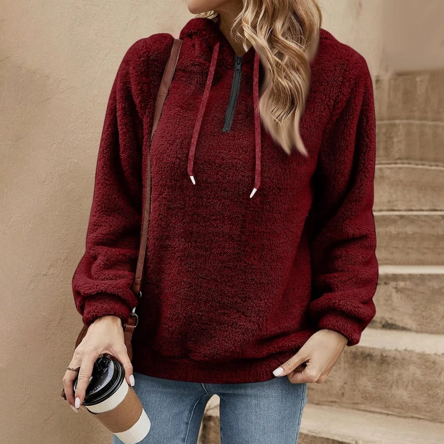Quarter Zip Pullover Women Comfy Warm Sherpa Fleece Hooded Sweatshirts Ladies 1/4 Zip Winter Sweaters Outwear