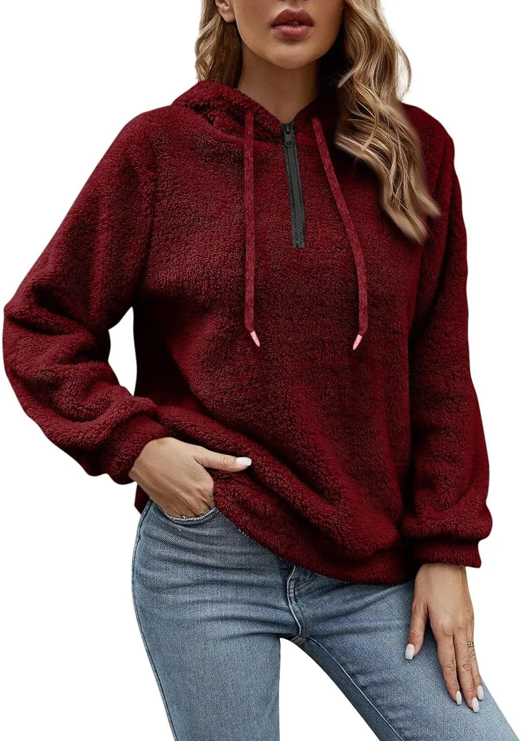Quarter Zip Pullover Women Comfy Warm Sherpa Fleece Hooded Sweatshirts Ladies 1/4 Zip Winter Sweaters Outwear