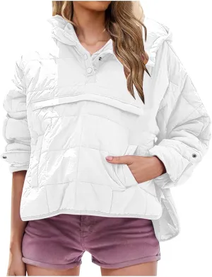 Quilted Puffer Jacket for Women Winter Lightweight Button Long Sleeve Coat Oversized Packable Cotton Padded Jacket