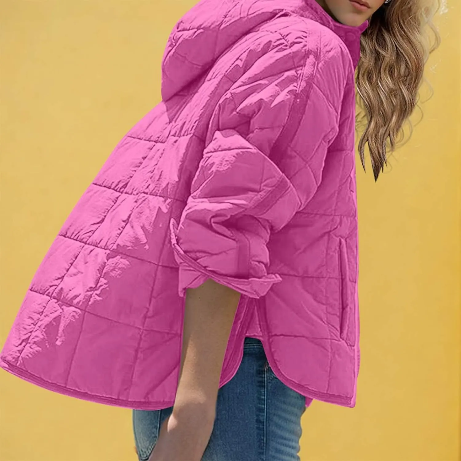 Quilted Puffer Jacket for Women Winter Lightweight Button Long Sleeve Coat Oversized Packable Cotton Padded Jacket