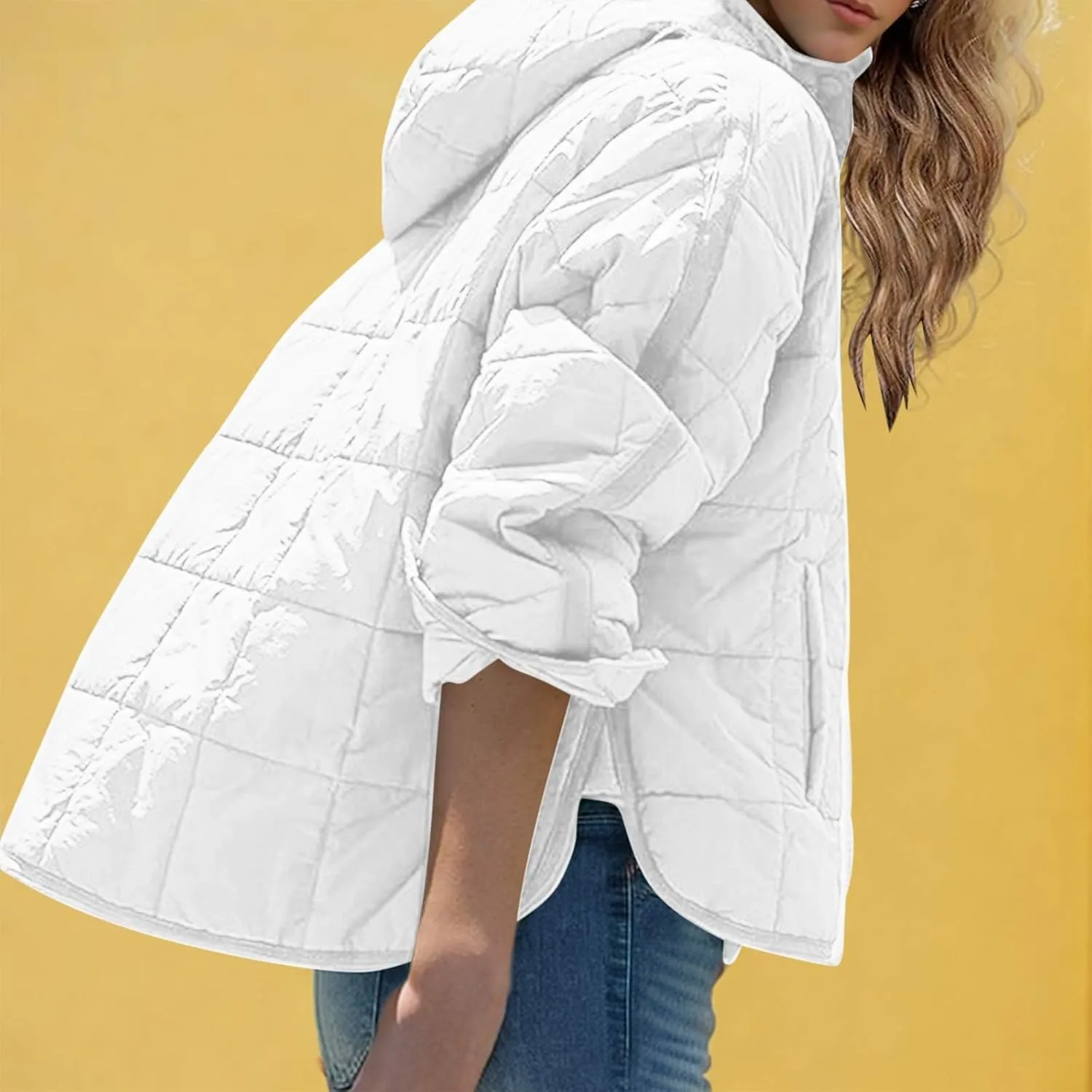 Quilted Puffer Jacket for Women Winter Lightweight Button Long Sleeve Coat Oversized Packable Cotton Padded Jacket