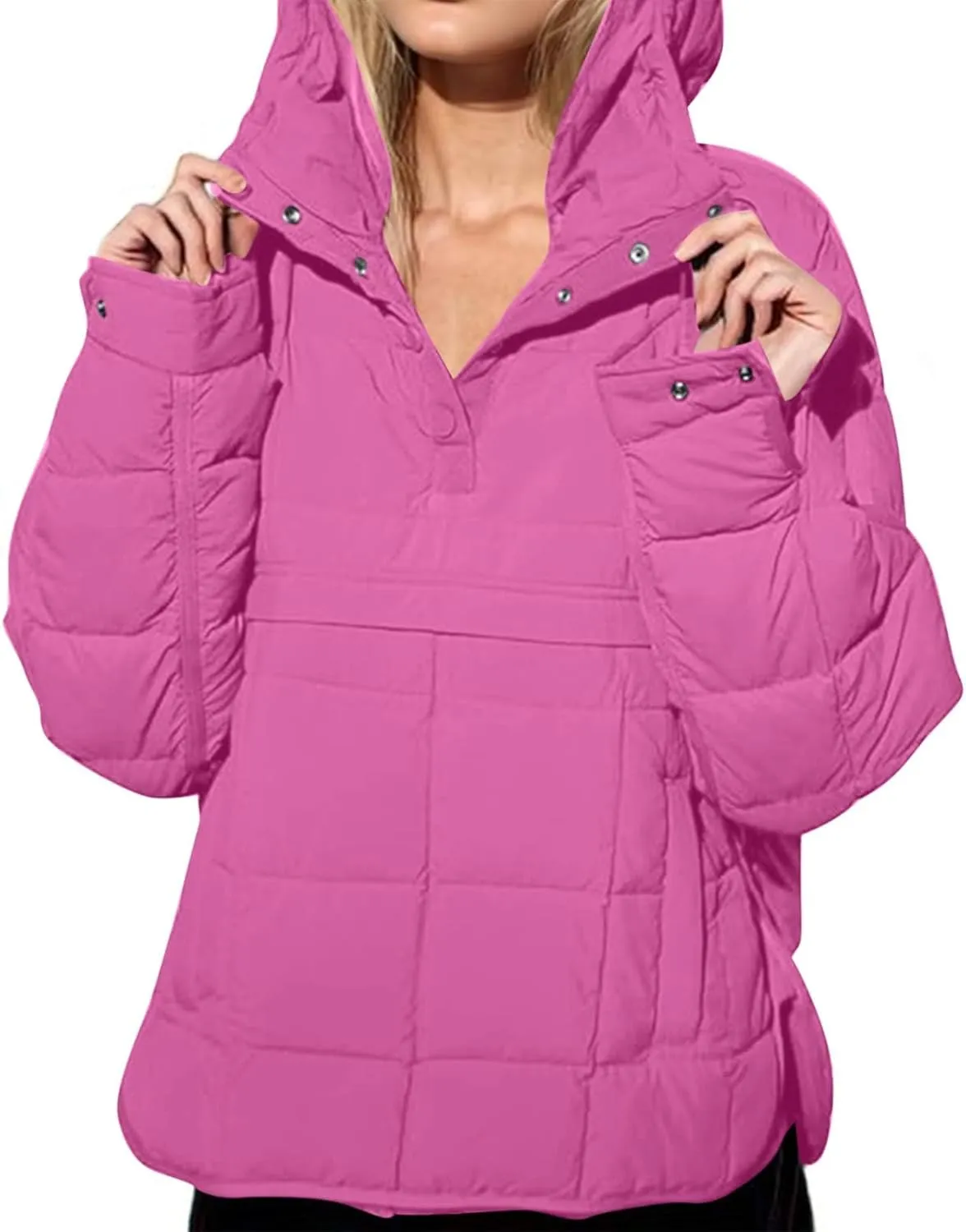 Quilted Puffer Jacket for Women Winter Lightweight Button Long Sleeve Coat Oversized Packable Cotton Padded Jacket