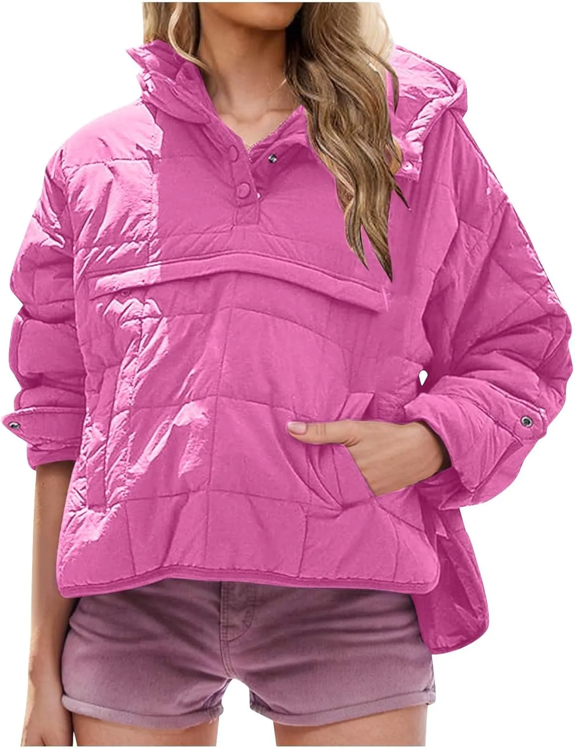 Quilted Puffer Jacket for Women Winter Lightweight Button Long Sleeve Coat Oversized Packable Cotton Padded Jacket