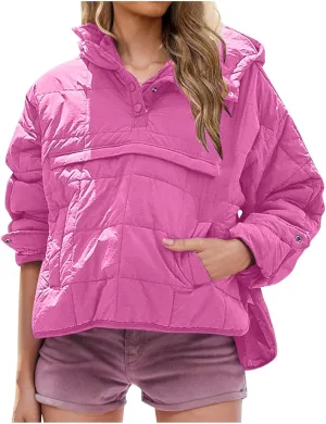 Quilted Puffer Jacket for Women Winter Lightweight Button Long Sleeve Coat Oversized Packable Cotton Padded Jacket