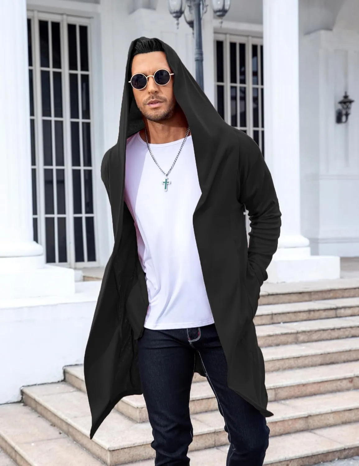 RAGEMALL Mens Long Cardigan Open Front Draped Lightweight Hooded Sweater with Pockets