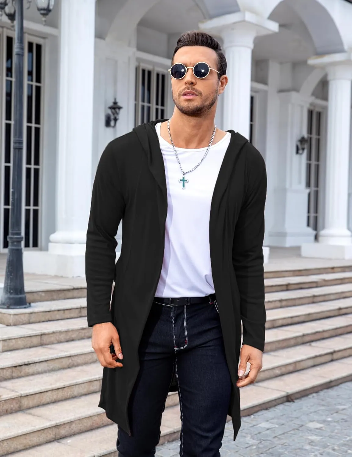 RAGEMALL Mens Long Cardigan Open Front Draped Lightweight Hooded Sweater with Pockets
