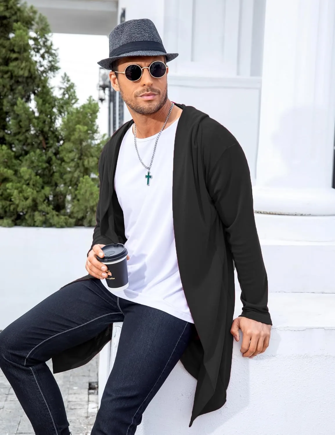 RAGEMALL Mens Long Cardigan Open Front Draped Lightweight Hooded Sweater with Pockets