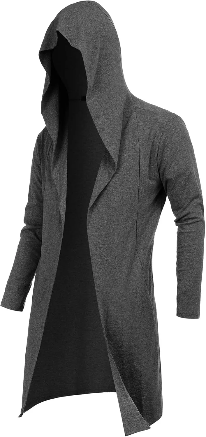 RAGEMALL Mens Long Cardigan Open Front Draped Lightweight Hooded Sweater with Pockets