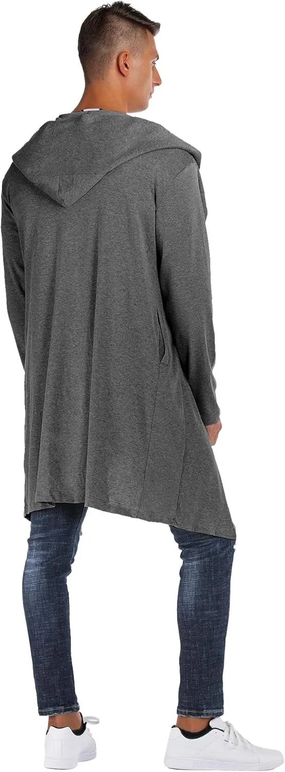 RAGEMALL Mens Long Cardigan Open Front Draped Lightweight Hooded Sweater with Pockets