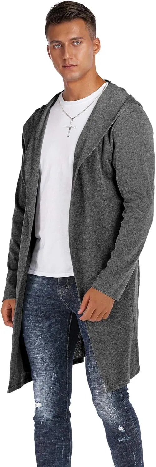 RAGEMALL Mens Long Cardigan Open Front Draped Lightweight Hooded Sweater with Pockets