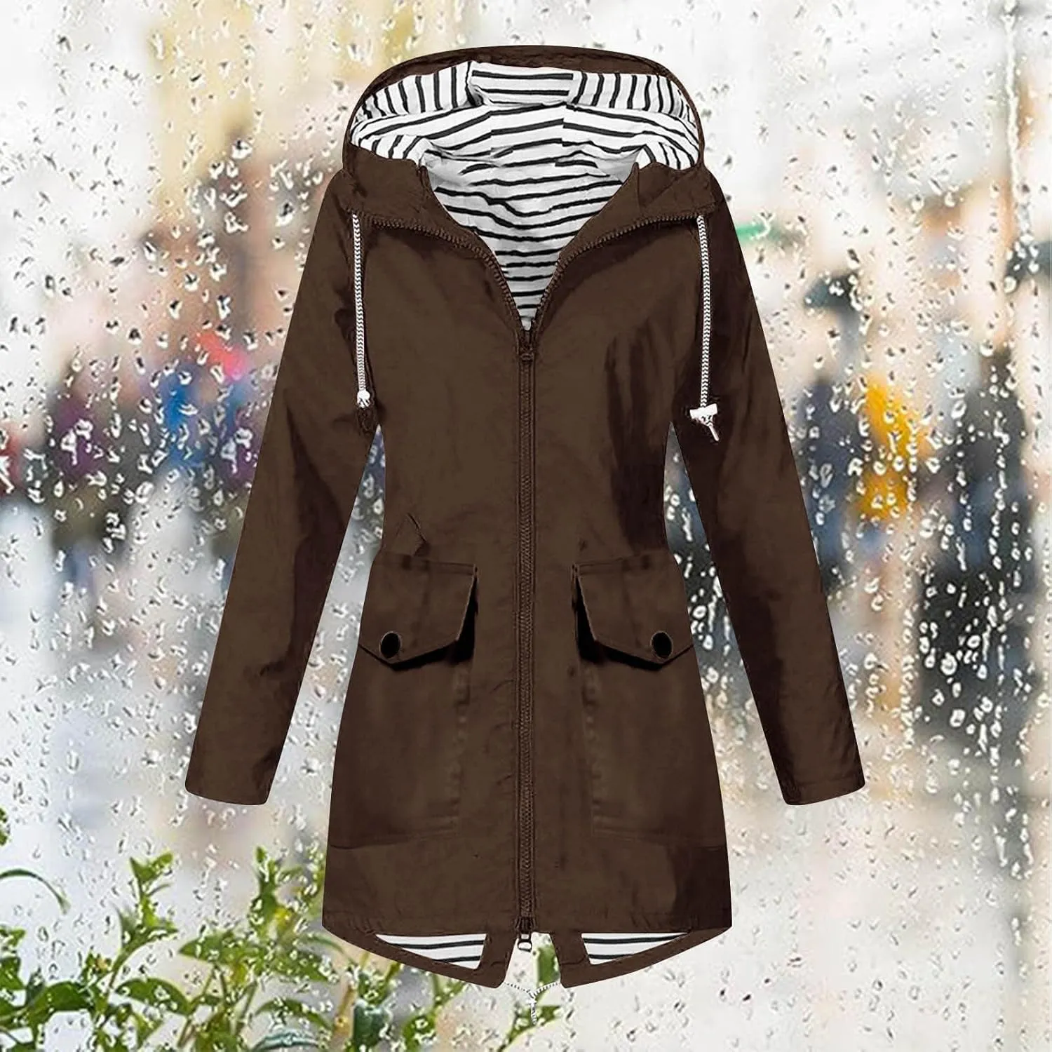 Rain Jacket for Women Lightweight Long Hooded Raincoat Waterproof Outdoor Hiking Travel Windbreaker Trench Coats