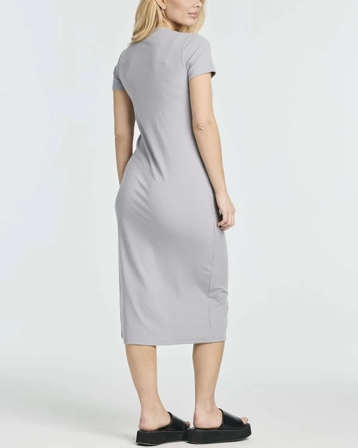 Real Essentials 3 Pack: Women's Ribbed Jersey Crew Neck Short Sleeve Midi Length Dress with Side Slit