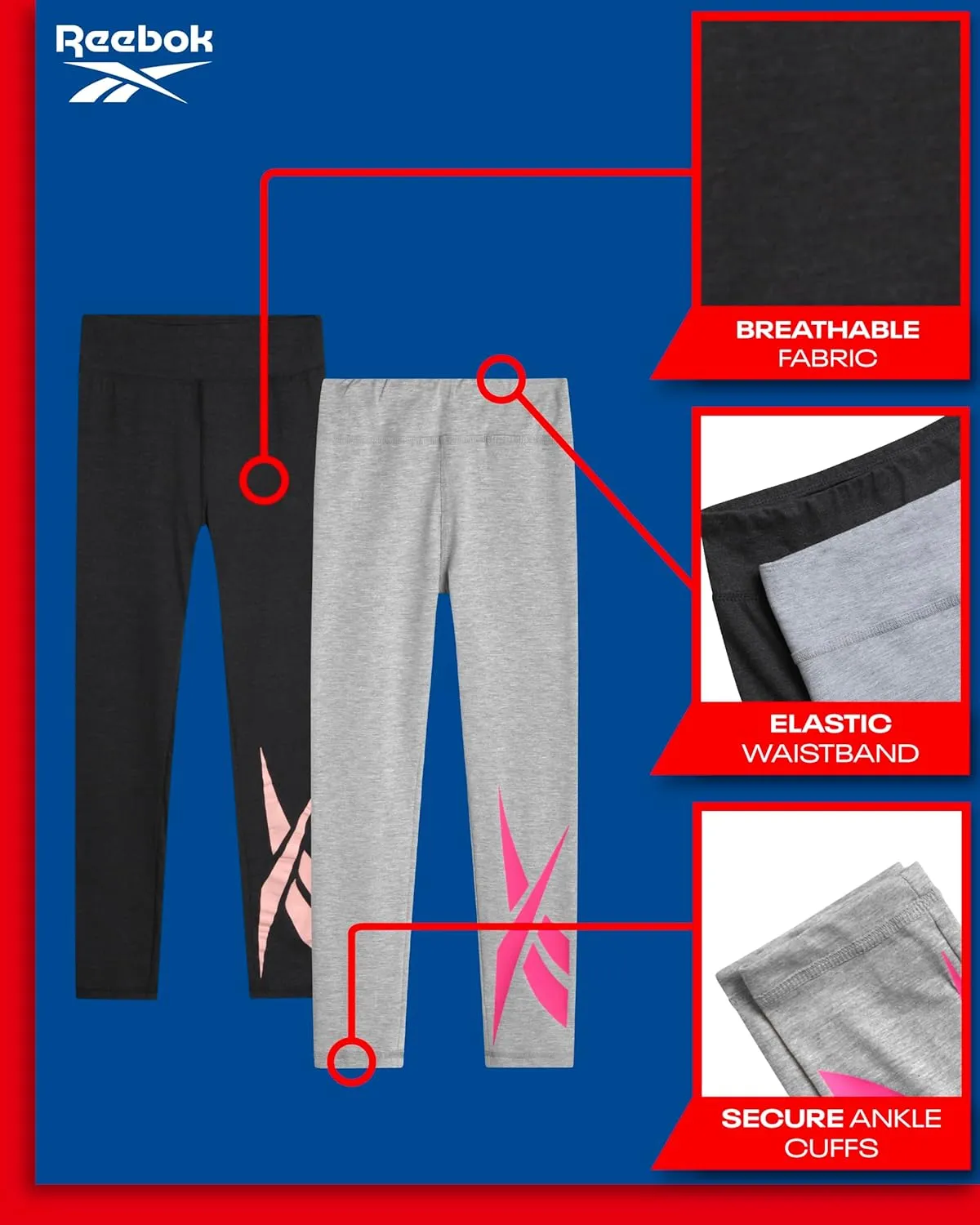 Reebok Girls Leggings - 2 Pack Athletic Performance Cotton Leggings - Yoga Pants for Girls Dance Tights (Sizes: 7-12)