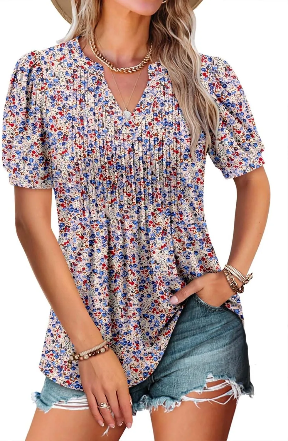 ROSELINLIN Womens Short Sleeve Shirts Loose Summer Floral Tunic Tops