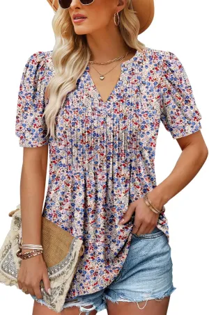 ROSELINLIN Womens Short Sleeve Shirts Loose Summer Floral Tunic Tops