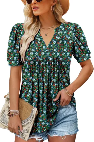 ROSELINLIN Womens Short Sleeve Shirts Loose Summer Floral Tunic Tops
