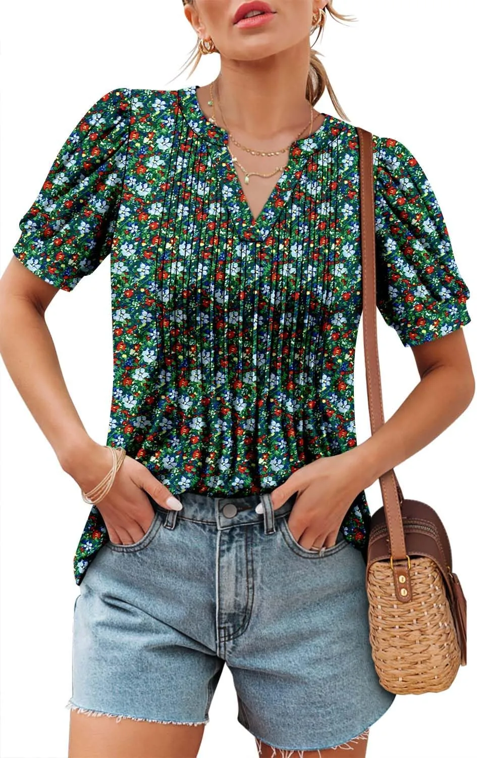 ROSELINLIN Womens Short Sleeve Shirts Loose Summer Floral Tunic Tops