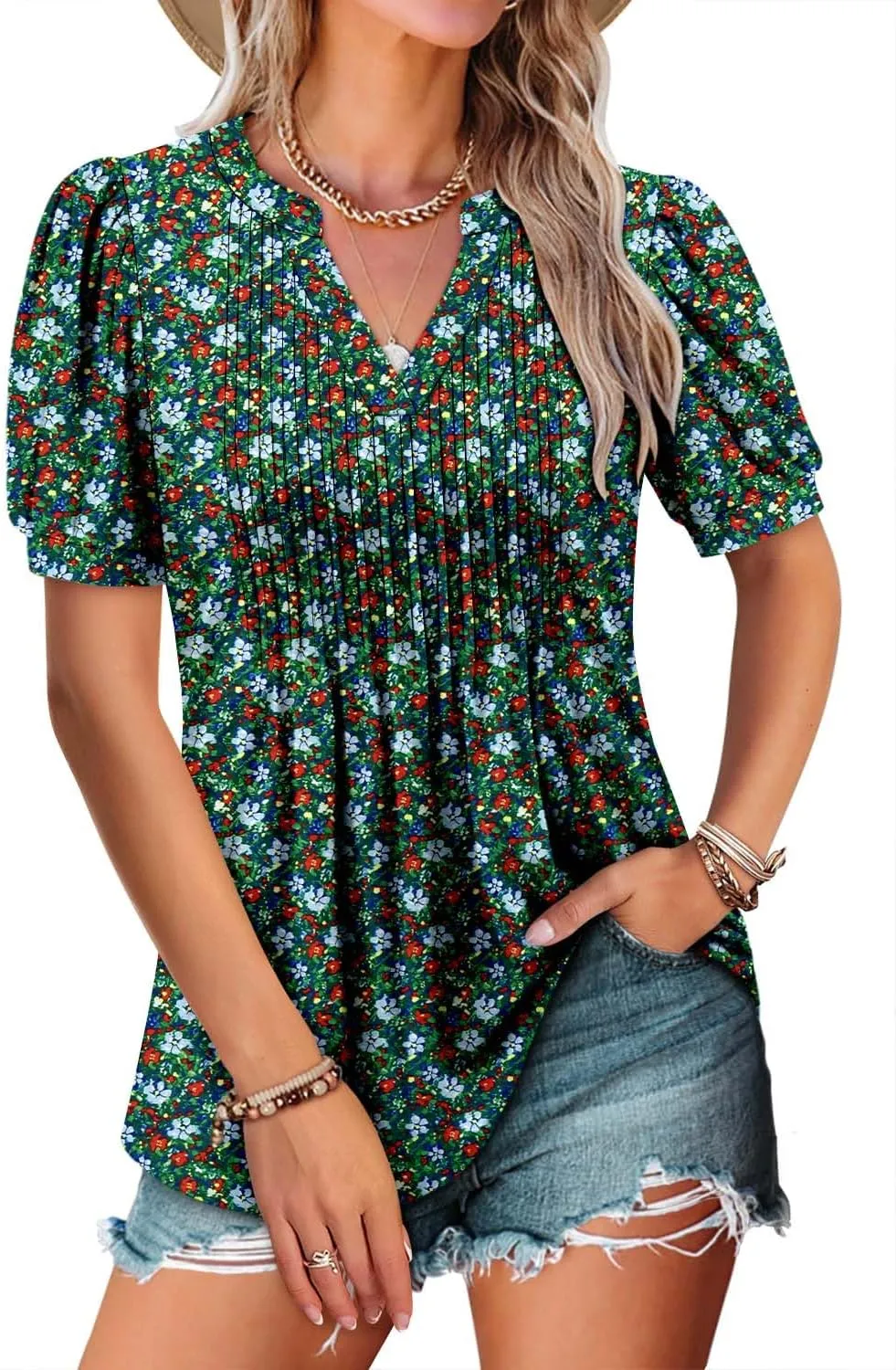 ROSELINLIN Womens Short Sleeve Shirts Loose Summer Floral Tunic Tops