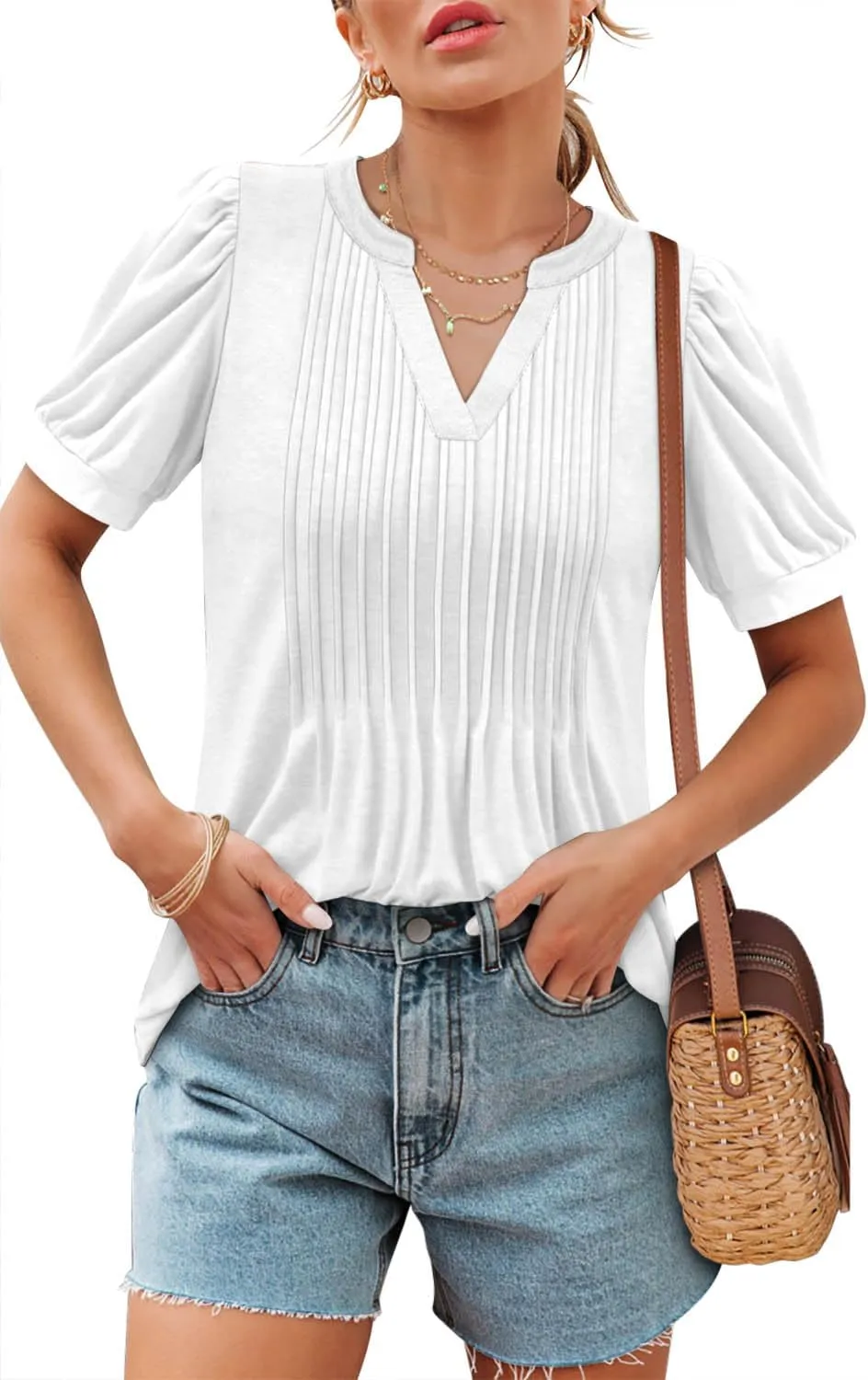 ROSELINLIN Womens Short Sleeve Shirts Loose Summer Floral Tunic Tops