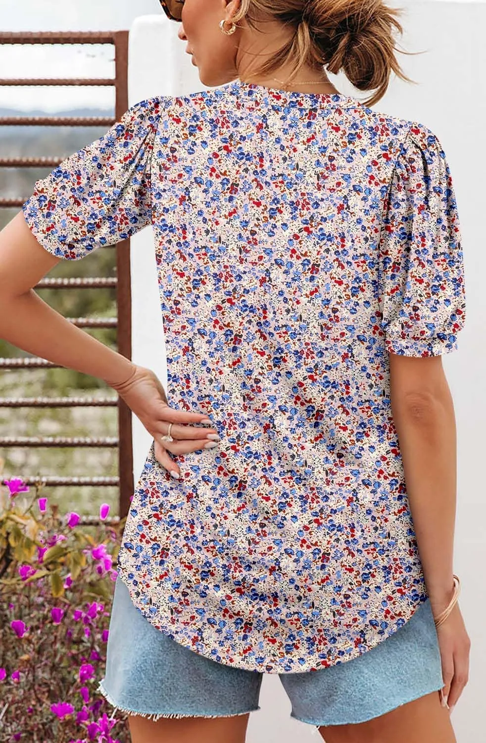 ROSELINLIN Womens Short Sleeve Shirts Loose Summer Floral Tunic Tops