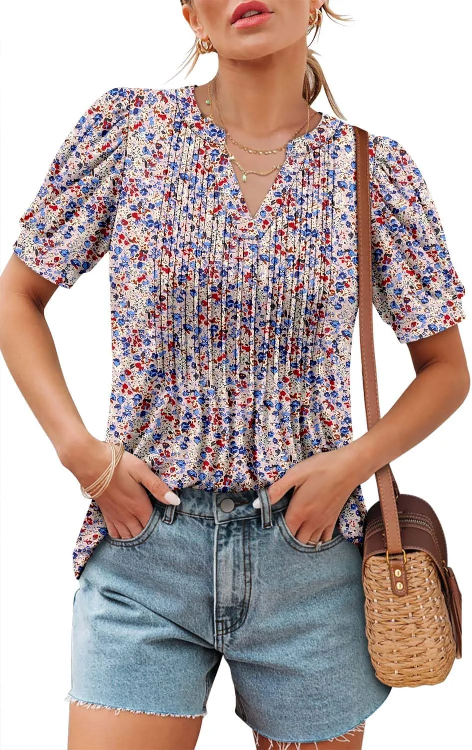 ROSELINLIN Womens Short Sleeve Shirts Loose Summer Floral Tunic Tops