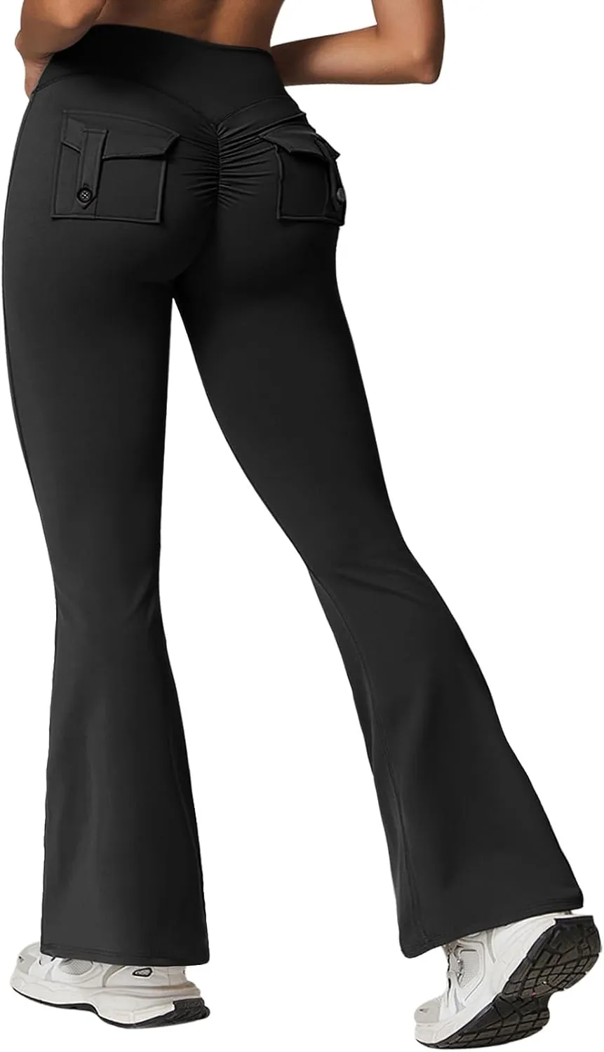 Rugkey Flare Leggings with Pockets for Women Butt Lifting Workout Leggings Gym Bell Bottom High Waisted Yoga Pants