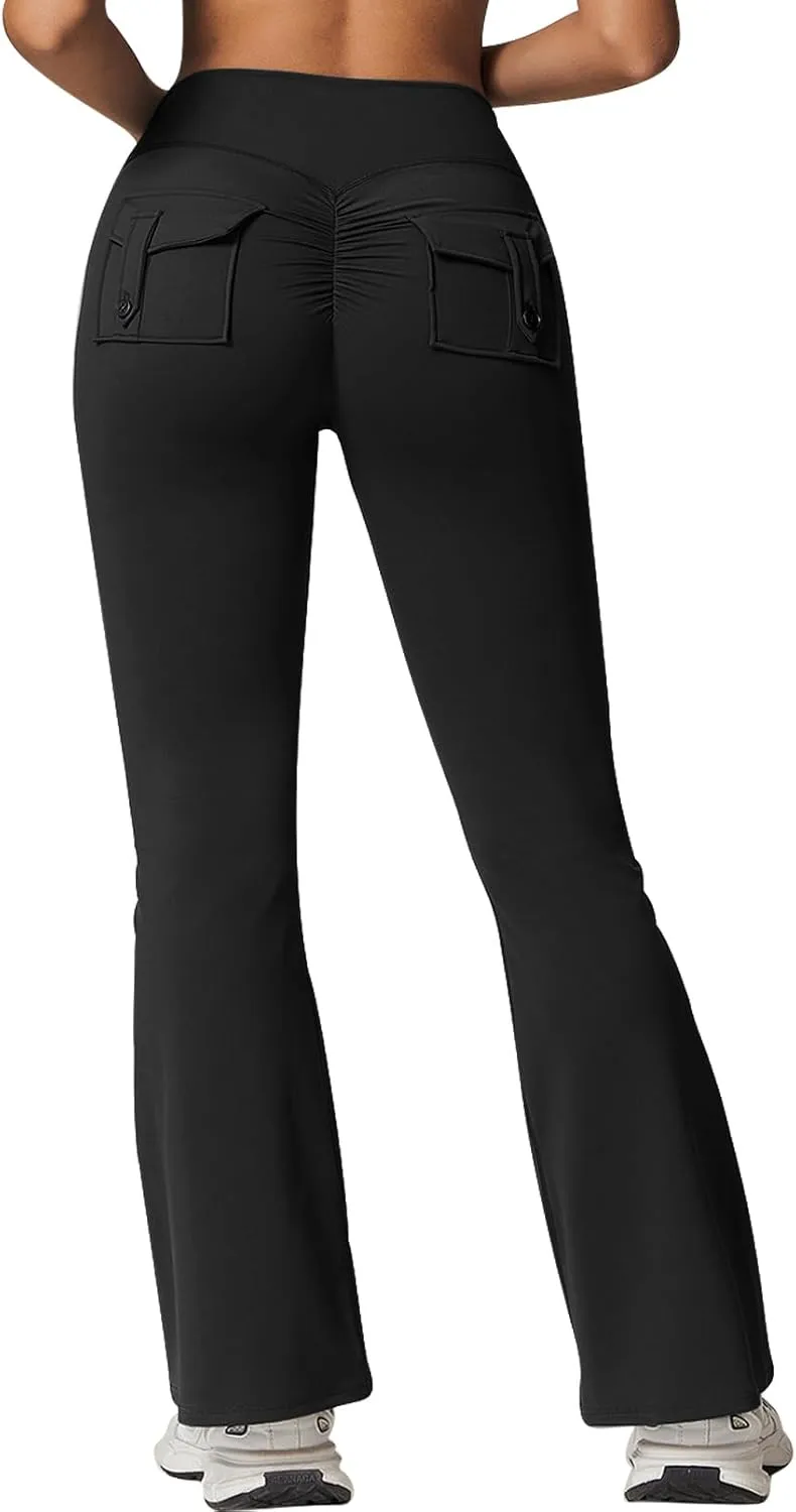 Rugkey Flare Leggings with Pockets for Women Butt Lifting Workout Leggings Gym Bell Bottom High Waisted Yoga Pants