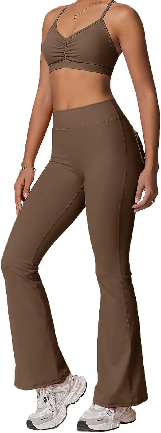 Rugkey Flare Leggings with Pockets for Women Butt Lifting Workout Leggings Gym Bell Bottom High Waisted Yoga Pants
