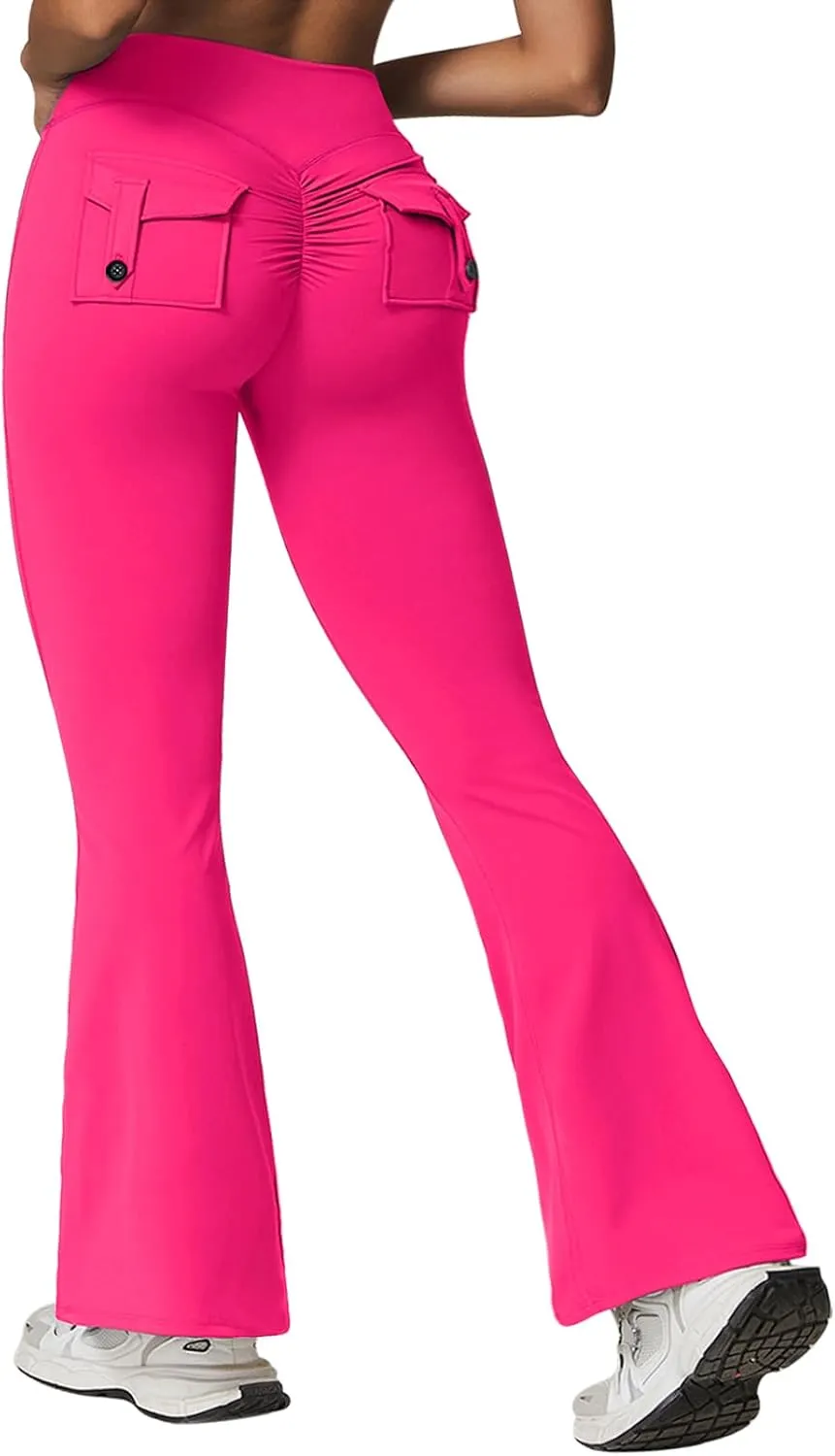 Rugkey Flare Leggings with Pockets for Women Butt Lifting Workout Leggings Gym Bell Bottom High Waisted Yoga Pants