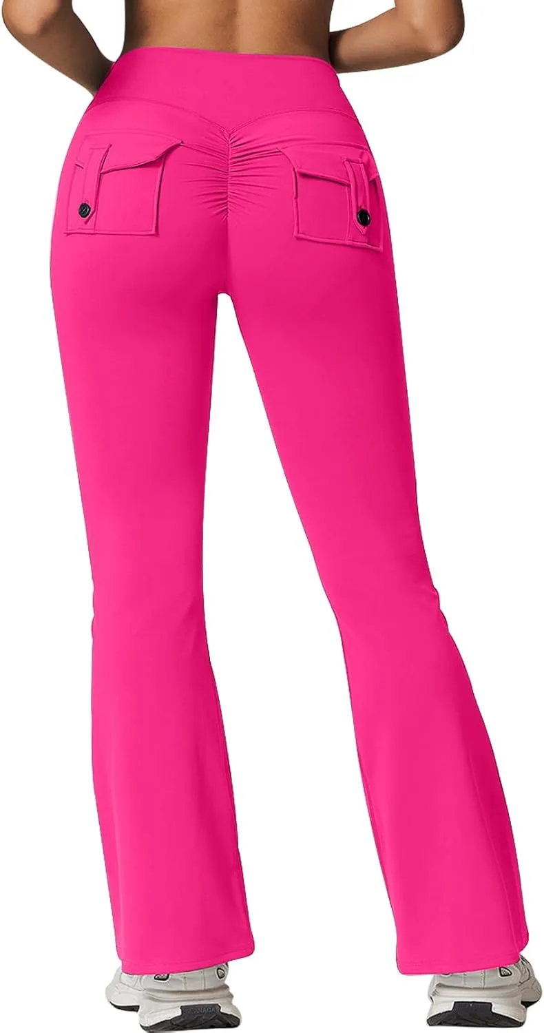Rugkey Flare Leggings with Pockets for Women Butt Lifting Workout Leggings Gym Bell Bottom High Waisted Yoga Pants