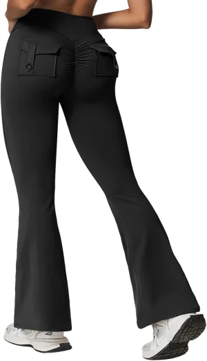 Rugkey Flare Leggings with Pockets for Women Butt Lifting Workout Leggings Gym Bell Bottom High Waisted Yoga Pants