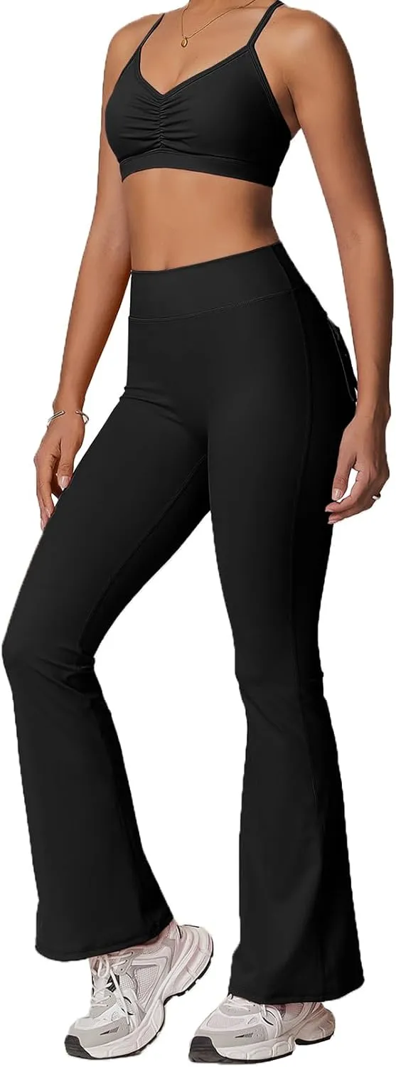 Rugkey Flare Leggings with Pockets for Women Butt Lifting Workout Leggings Gym Bell Bottom High Waisted Yoga Pants