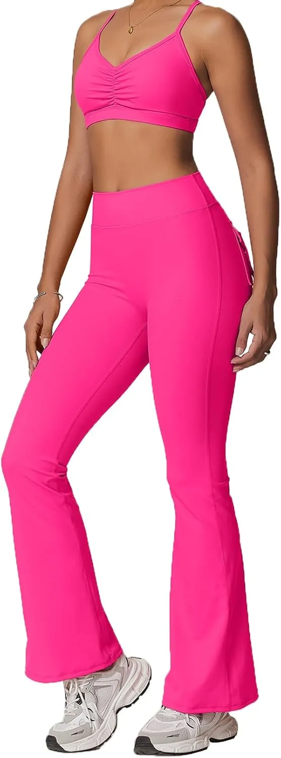 Rugkey Flare Leggings with Pockets for Women Butt Lifting Workout Leggings Gym Bell Bottom High Waisted Yoga Pants