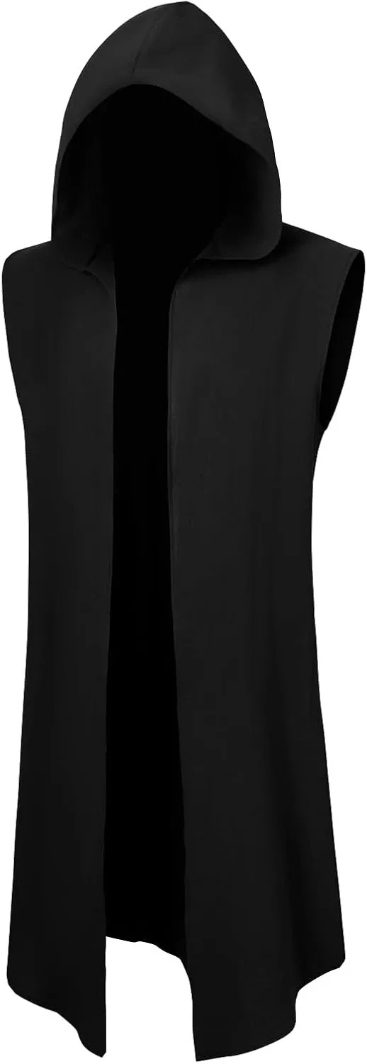 Runcati Mens Renaissance Hooded Surcoat Medieval Knight Sleeveless Tunic Tops Tabard Costume Viking Holloween Cloak