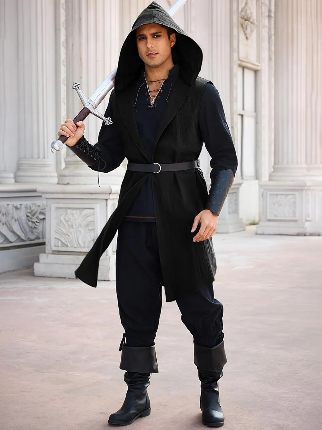 Runcati Mens Renaissance Hooded Surcoat Medieval Knight Sleeveless Tunic Tops Tabard Costume Viking Holloween Cloak