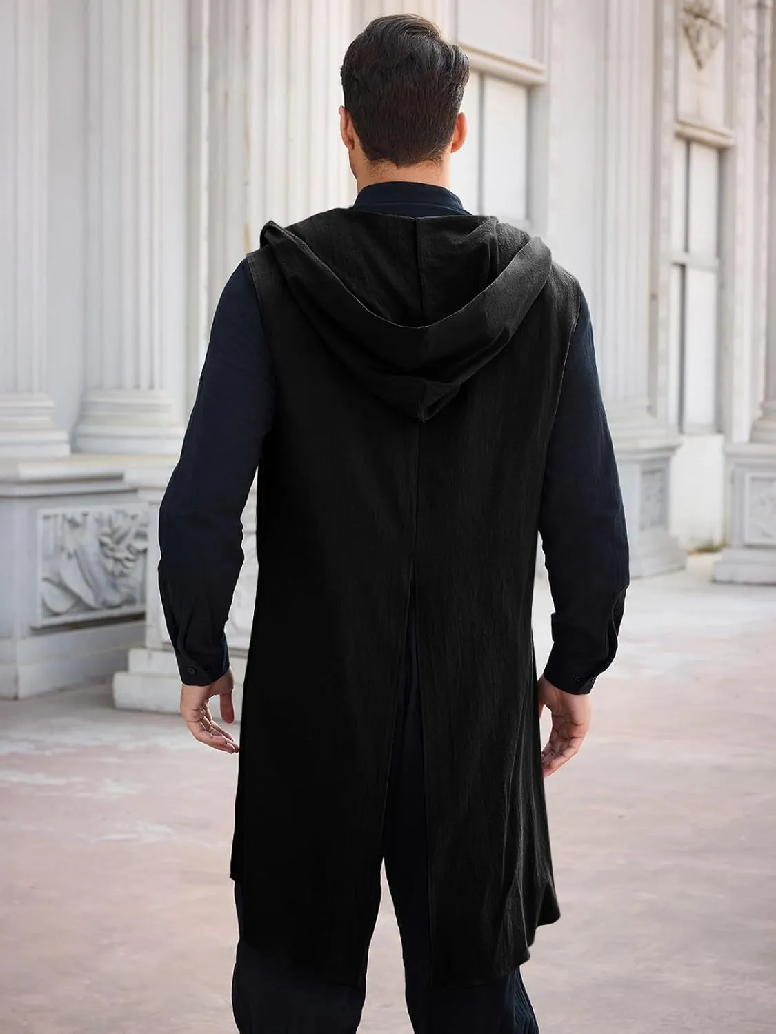Runcati Mens Renaissance Hooded Surcoat Medieval Knight Sleeveless Tunic Tops Tabard Costume Viking Holloween Cloak