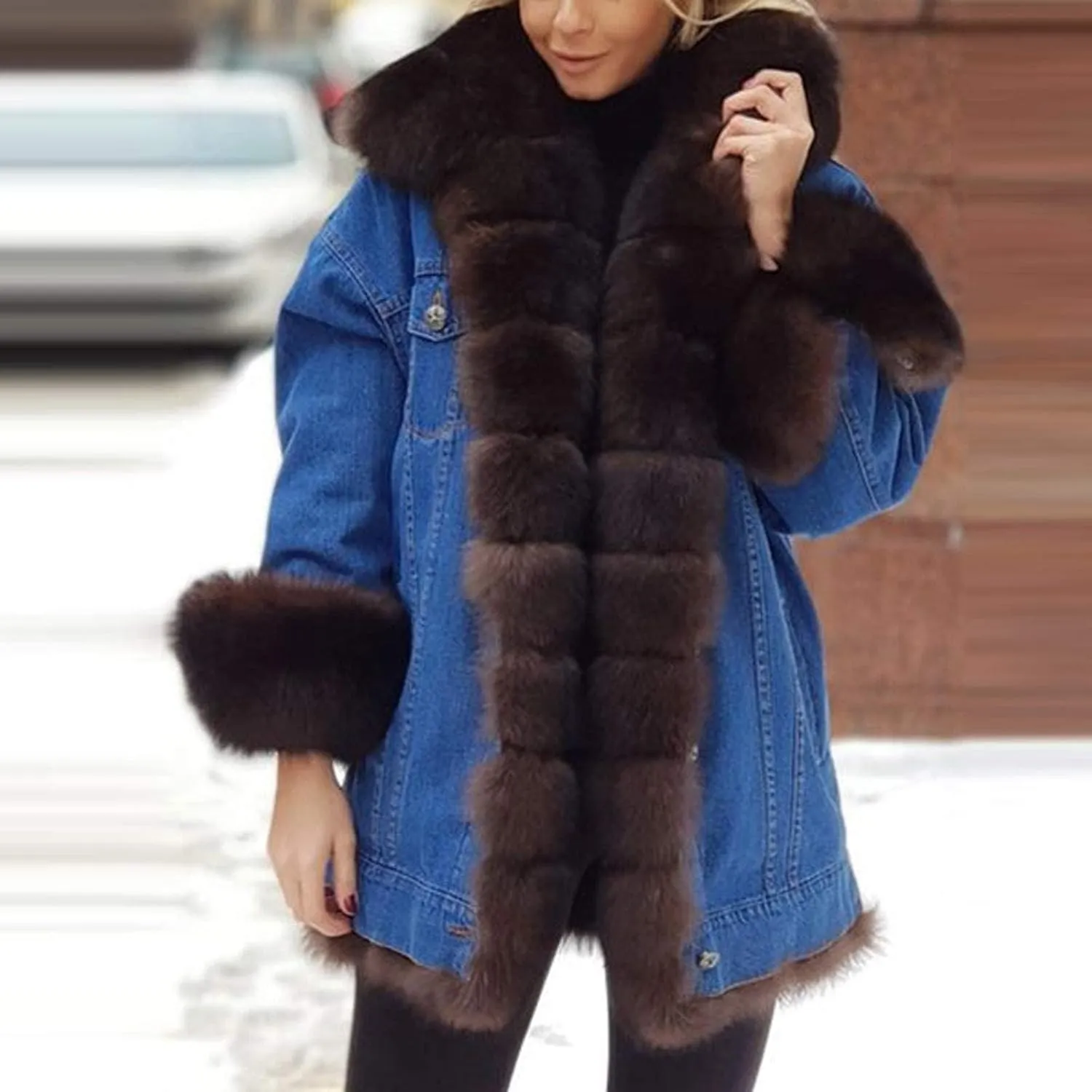 SACFOF Women Faux Fur Coat Denim Winter Thicken Warm Jacket Casual Plus Size Outdoor Overcoat Parka