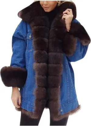 SACFOF Women Faux Fur Coat Denim Winter Thicken Warm Jacket Casual Plus Size Outdoor Overcoat Parka