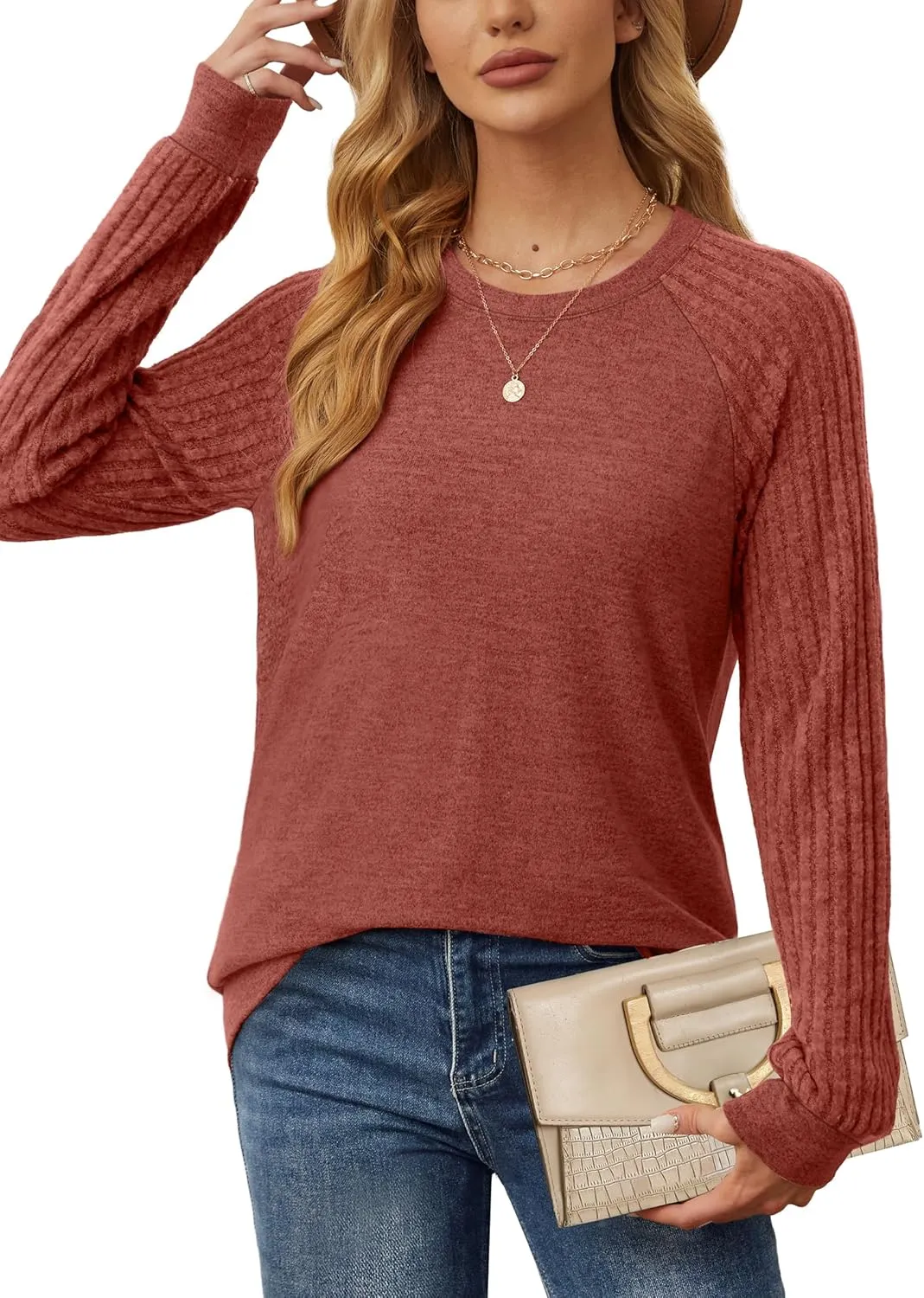 Saloogoe Tunic Sweatshirts for Women Crewneck Lightweight Sweaters Raglan Long Sleeve Shirts Fall Fashion Tops 2024