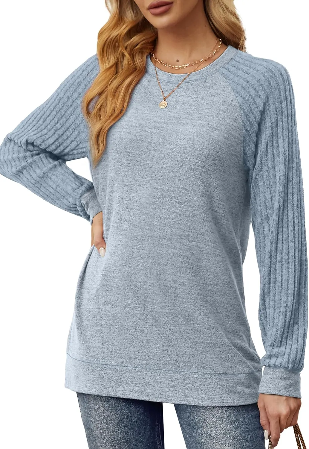 Saloogoe Tunic Sweatshirts for Women Crewneck Lightweight Sweaters Raglan Long Sleeve Shirts Fall Fashion Tops 2024
