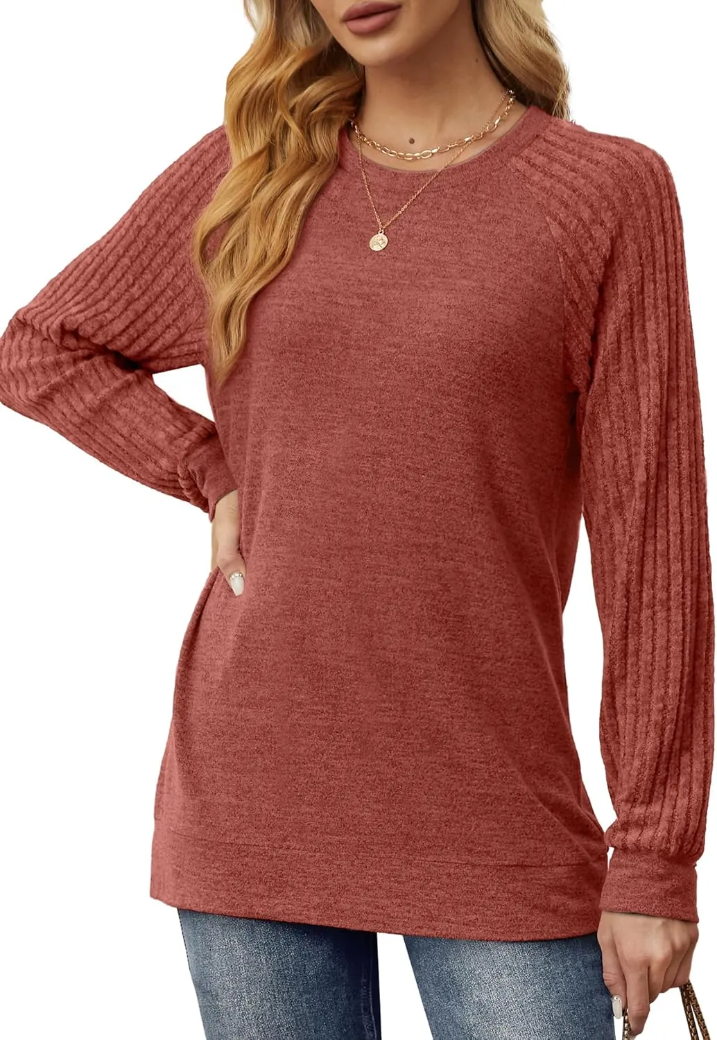 Saloogoe Tunic Sweatshirts for Women Crewneck Lightweight Sweaters Raglan Long Sleeve Shirts Fall Fashion Tops 2024