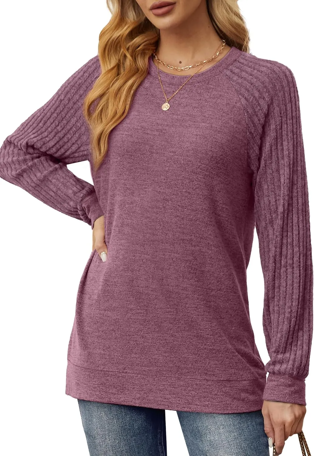 Saloogoe Tunic Sweatshirts for Women Crewneck Lightweight Sweaters Raglan Long Sleeve Shirts Fall Fashion Tops 2024