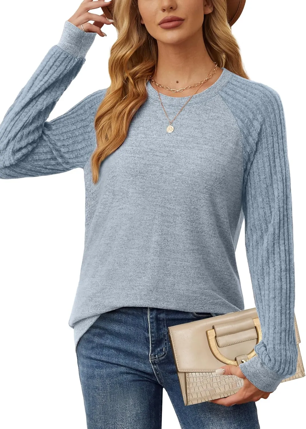 Saloogoe Tunic Sweatshirts for Women Crewneck Lightweight Sweaters Raglan Long Sleeve Shirts Fall Fashion Tops 2024