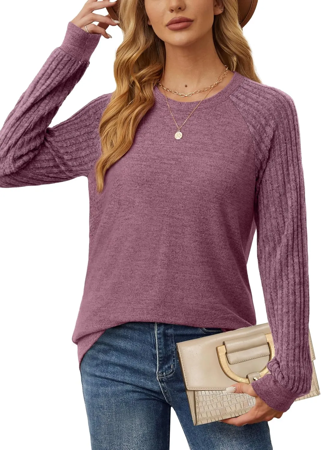 Saloogoe Tunic Sweatshirts for Women Crewneck Lightweight Sweaters Raglan Long Sleeve Shirts Fall Fashion Tops 2024
