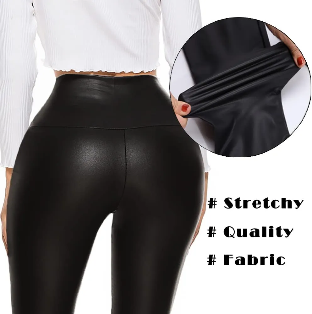 SEASUM Faux Leather Leggings for Women Stretchy High Waisted Butt Lifting Black Pleather Pants Outfit Sexy PU Leggings Tights