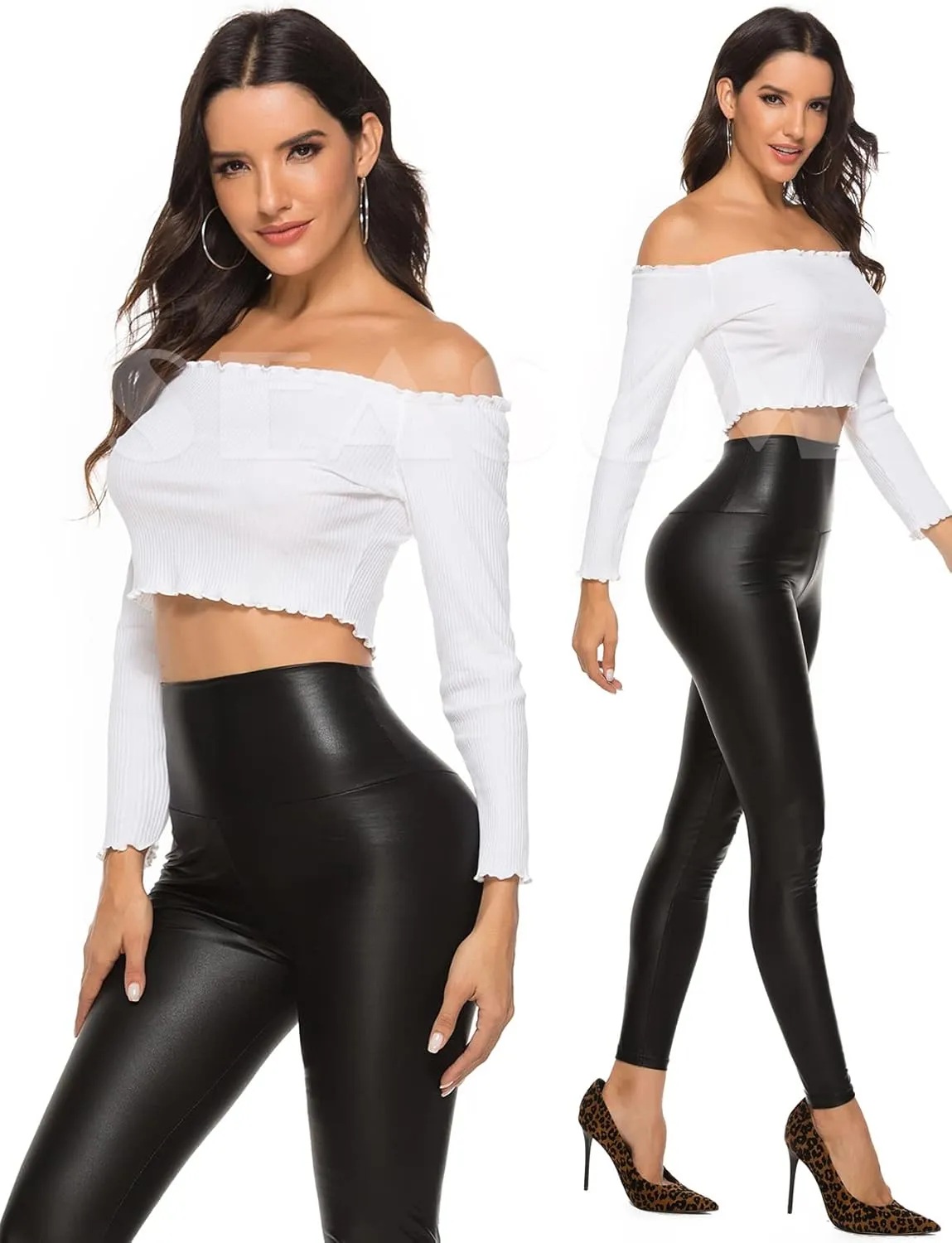 SEASUM Faux Leather Leggings for Women Stretchy High Waisted Butt Lifting Black Pleather Pants Outfit Sexy PU Leggings Tights