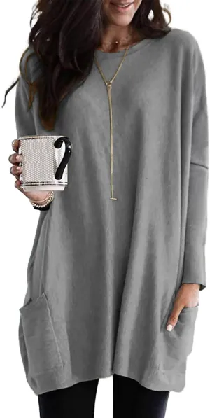 SENSERISE Womens Long Sleeve Long Tunic Tops for Leggings Plus Size Tunics Shirt with Pockets