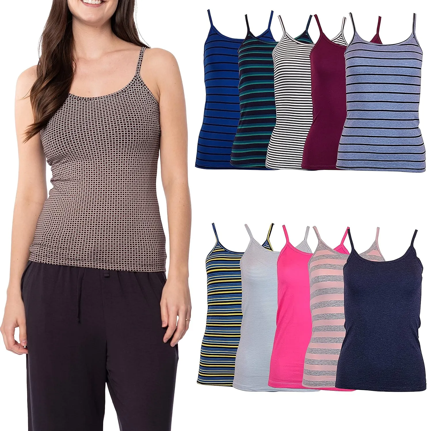 Sexy Basics Women's 10 Pack Spaghetti Strap Cami Tank Tops - Slim Fit Camisole Cotton Stretch Tanks